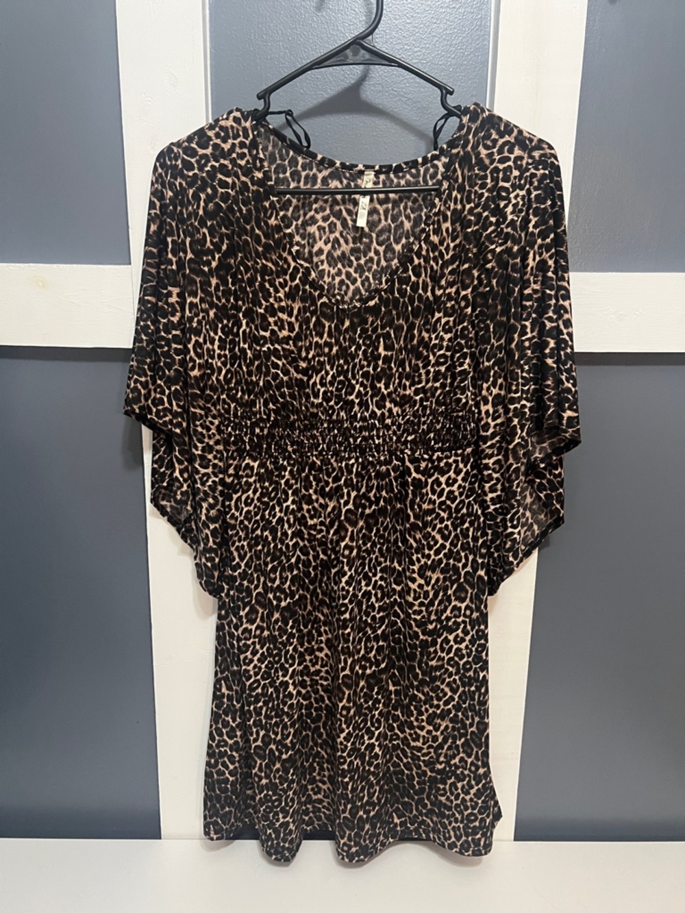 Leopard Print Smocked Waist Tunic Dress - Brown/Black